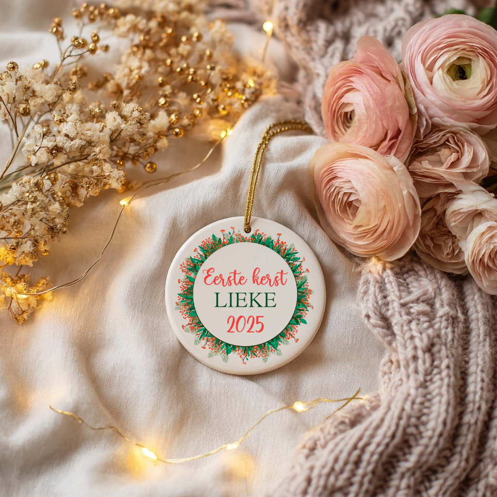 Kerstbal eerste kerst met naam gepersonaliseerd keramiek 7 cm – baby’s eerste kerst ornament
