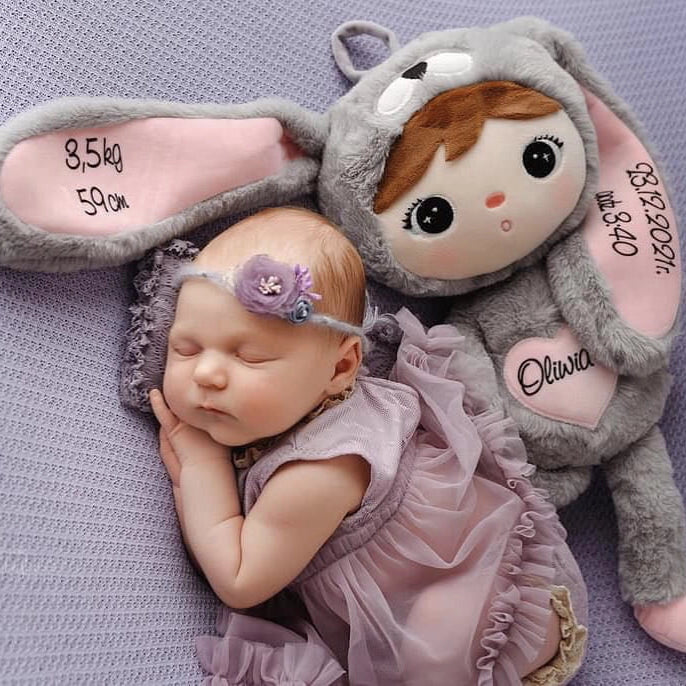 Knuffel konijn grijs gepersonaliseerd met naam en geboortedatum 